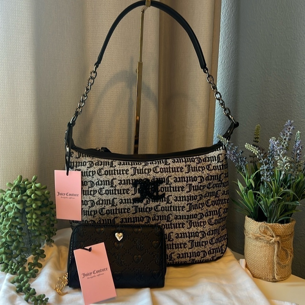 NWT Juicy Couture Black Beige “Brighter Than A Diamond” Hobo w/Deboss Wallet